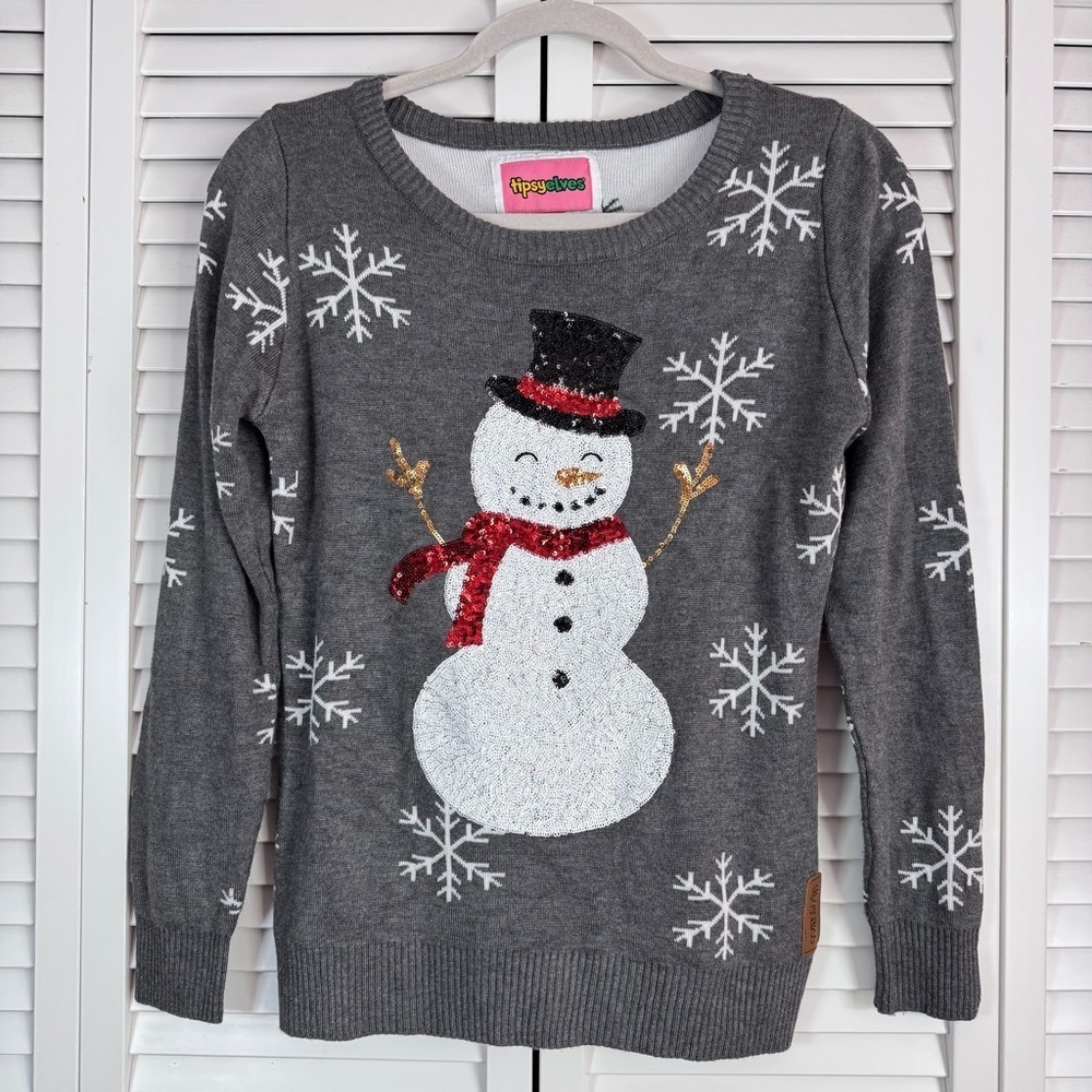 Tipsy Elves Sequin Snow Day Snowman Ugly Christmas Sweater Gray Size XS - Picture 3 of 10